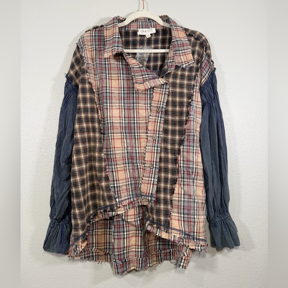 Oli & Hali Shirt Blue Plaid Patchwork Long Sleeve Asymmetrical Raw Edge Women S